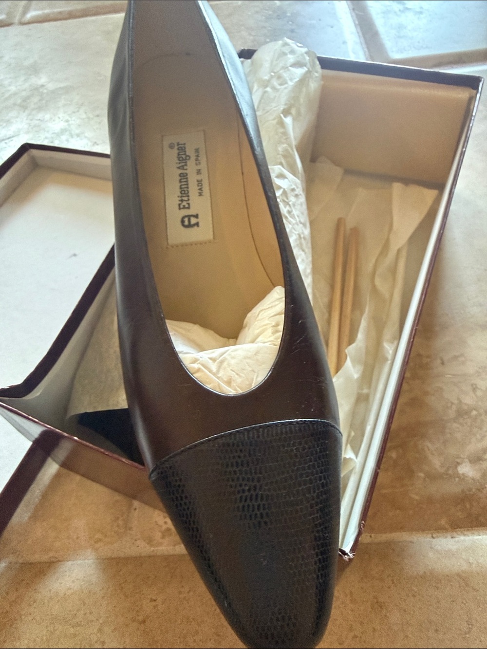 Etienne Aigner Brown Leather Pointed Toe Flat with Dark Brown Textured Cap